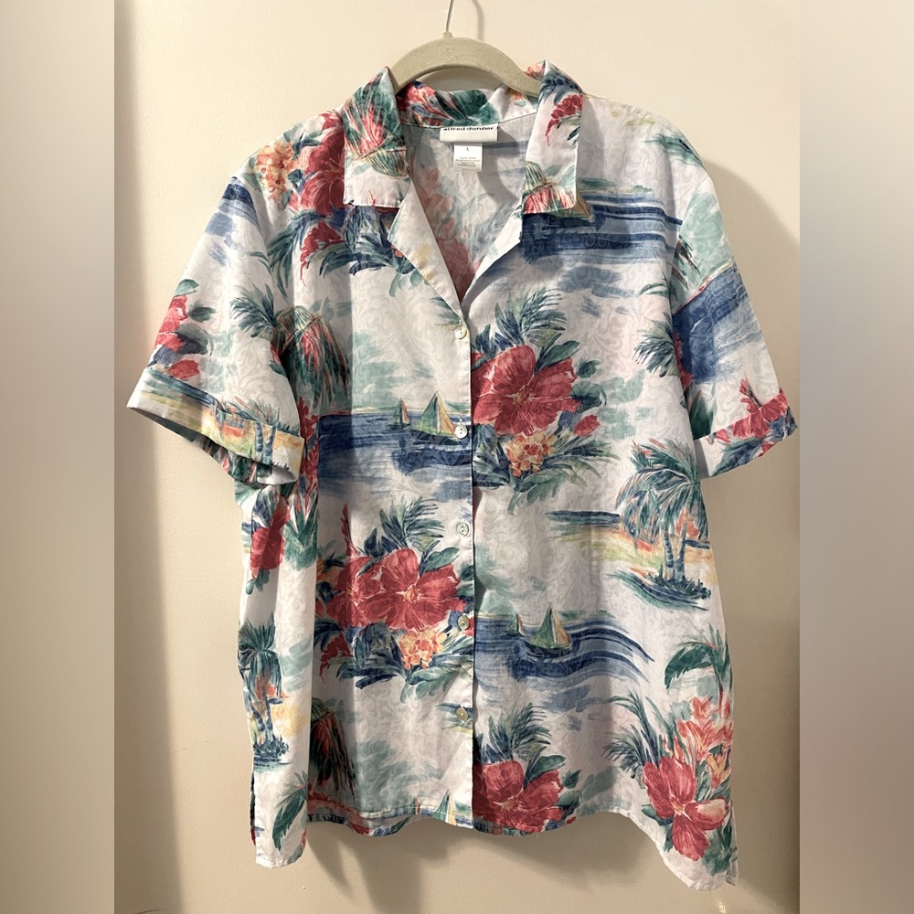 Alfred Dunner Hawaiian Print Cotton Blend Short Sleeve Tropical Blouse Size L